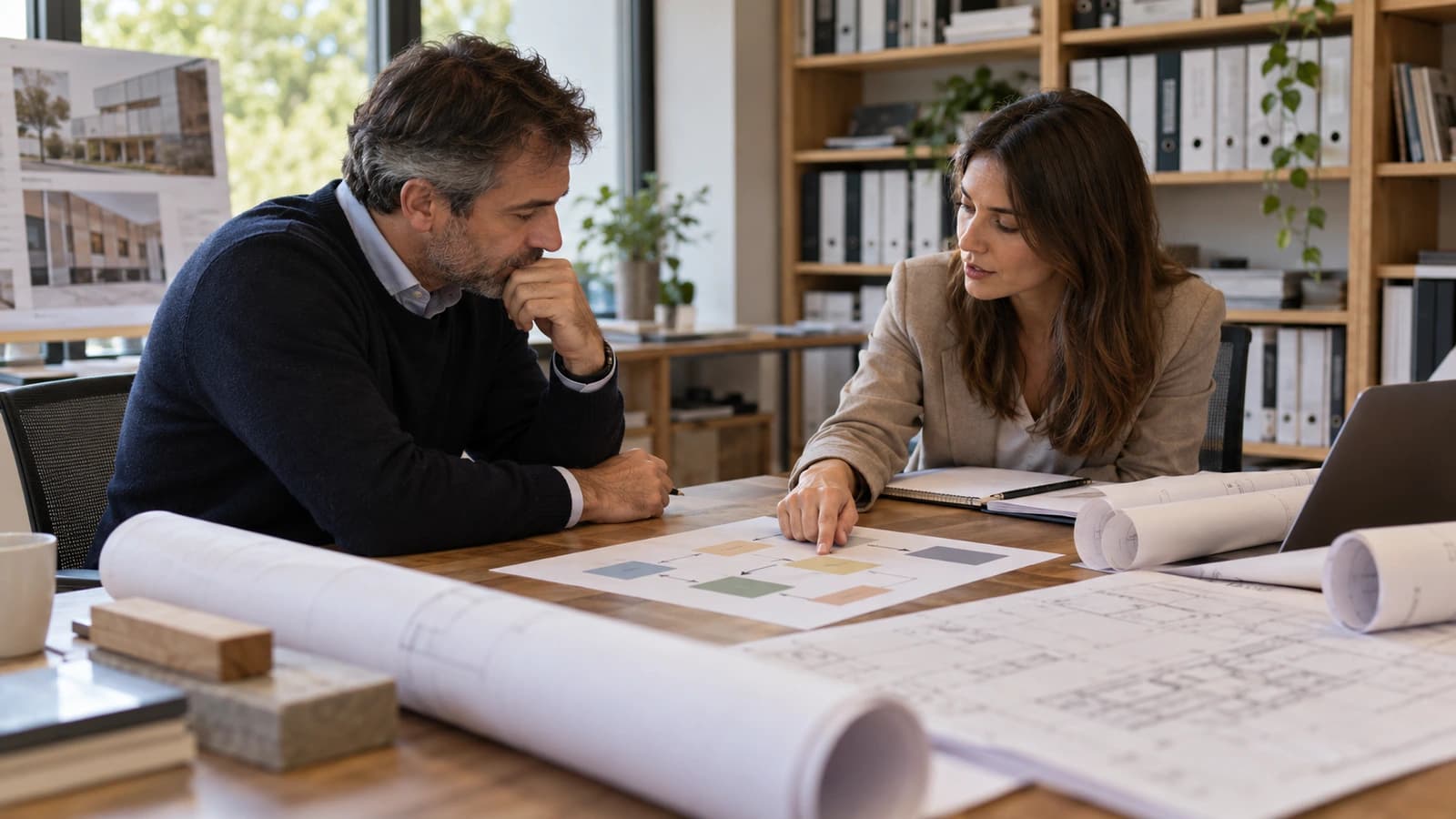 Reunión de dirección de una constructora con la hoja de ruta de marketing impresa junto a unos planos
