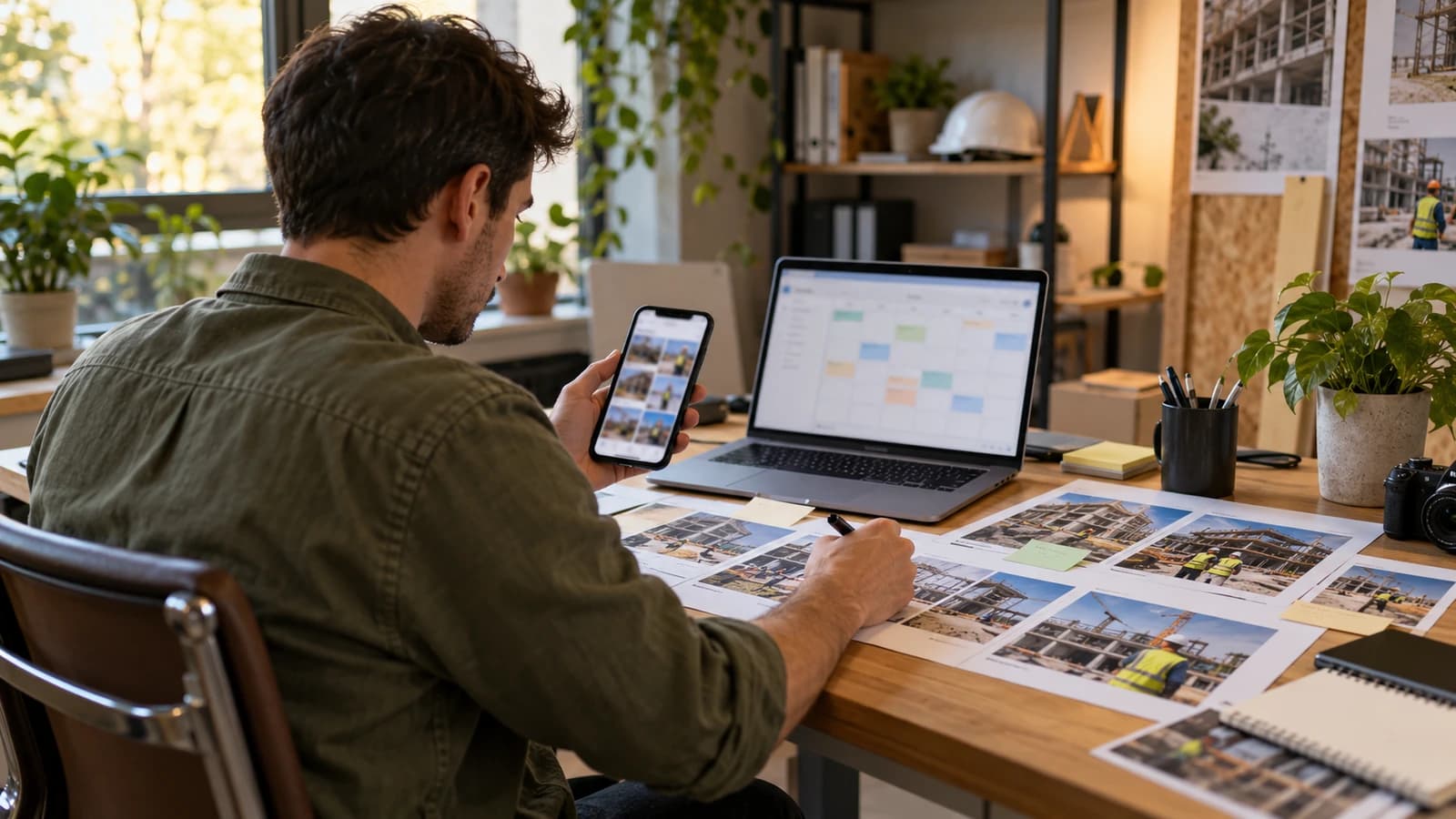 Responsable de redes planificando publicaciones para una constructora con fotos de obra impresas, el móvil y un calendario de contenidos en pantalla